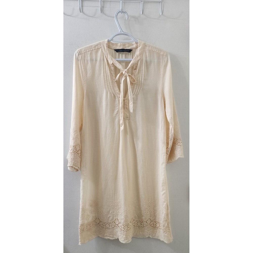 Zara Woman Cream Eyelet Lace Cotton Tunic Dress Boho Tie Neck Small